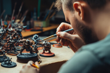 Hobbyist painting miniature figures for tabletop games - creative craftsmanship and artistic detail