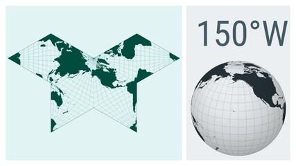 Poster - World Map Animation. Collignon butterfly projection. Solid color style. Animated world map in Polyhedral Collignon projection. Loopable animation showing longitude shift and matching globe.