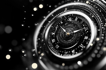Poster - An intricate clock spirals into the void, radiating timelessness with shimmering light in a dark setting