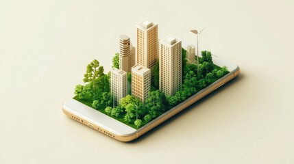Poster - A miniature city with trees and a windmill on a smartphone, representing the concept of sustainable urban living.