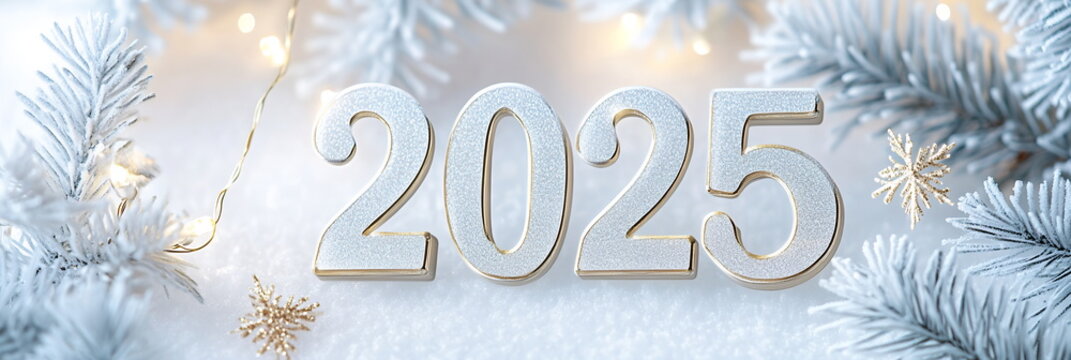 Frosted glass numbers 2025 on a pure white background with subtle golden snowflakes and twinkling lights, giving a clean and luxurious look. Wide horizontal banner