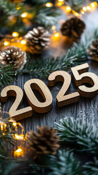 Wooden numbers 2025 placed on a rustic wooden surface with pine cones, evergreen branches, and fairy lights in the background, evoking a cozy New Year celebration. Vertical social media banner