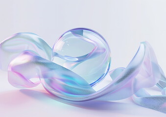 Aufkleber - 3d render of abstract futuristic element with glass sphere and ribbons on white background, pastel colors, blue purple green, white
