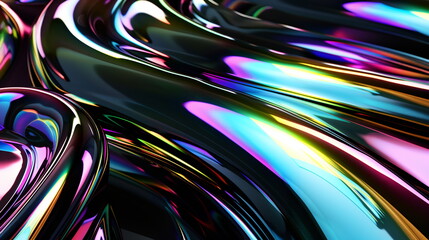 Aufkleber - 3d render of abstract futuristic glossy background with iridescent rainbow reflection on black, metallic twisted tubes, chrome waves and curved lines, shiny metal surface