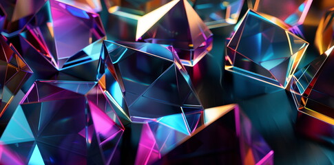 Aufkleber - 3D render of colorful glass prisms on a black background, geometric abstraction, metallic sheen and holographic effect, dark blue color palette and gradient