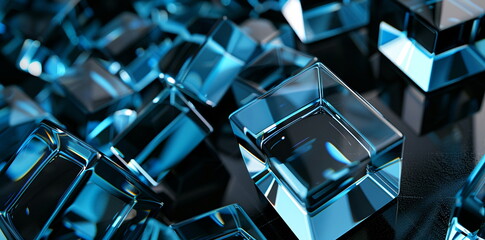 Aufkleber - Abstract background with blue glass cubes on black, 3D rendering illustration