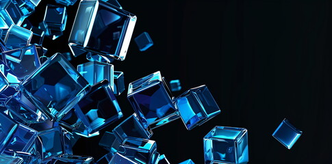 Aufkleber - Abstract background with blue glass cubes on black, gradient. Digital illustration of futuristic shapes in dark colors for banner design or wallpaper. Background with copy space