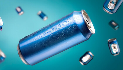 cold drink cans floating or flying isolated on light blue background