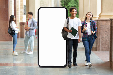 Poster - A diverse group of students strolls through a university corridor, pass by huge phone with blank screen, engaging with each other.