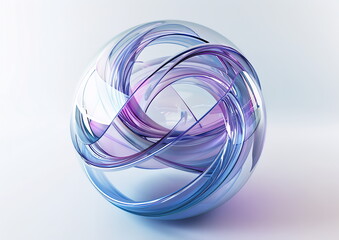 Aufkleber - Abstract futuristic glass sphere with lines and ribbons on white background, 3d rendering illustration, white blue purple pastel color theme, isolated щт white background