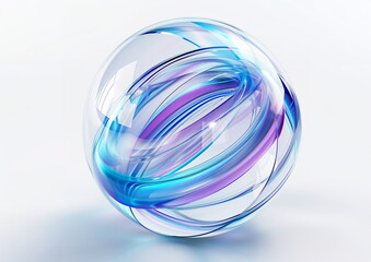 Fototapete - Abstract transparent glass sphere with blue and purple lines on white background, 3d rendering illustration of futuristic abstract shape with holographic element