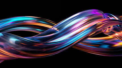 Fototapete - Abstract iridescent holographic metal curved lines on black background. Modern 3d rendering illustration of futuristic abstract design with colorful shiny glossy tubes