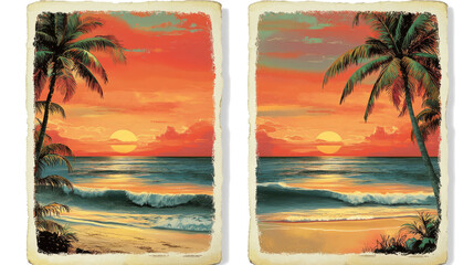 Poster - Vintage Retro Beach Surf Posters With Sunset Over Ocean Waves Generative AI