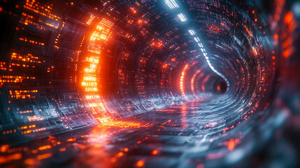 Poster - A digital data flow tunnel with bright colors, symbolizing fast data transfer, big data, and futuristic technology