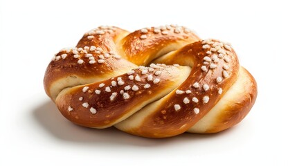 Close-up of a shiny, freshly baked pretzel with twisted knots, deep brown crust and white salt crystals, placed on a crisp white background