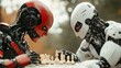 © JoxyAimages - Two advanced humanoid robots, one with a red and black exterior, the other white, deeply engaged in a chess game, embodying competition and artificial intelligence.