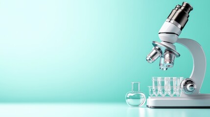 A microscope positioned next to assorted glassware on a mint-colored surface, highlighting tools and instruments of scientific research in sleek modern design.