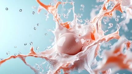 Poster - A smooth, pearl-like sphere is caught in an energetic splash of orange liquid, creating a striking contrast and evoking the beauty of chaos in dynamic art form.