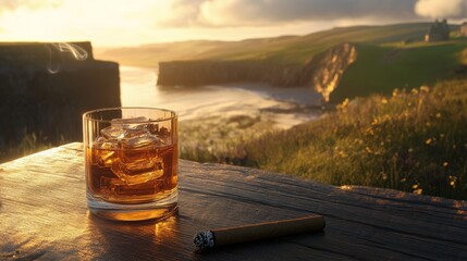 Scotch and cigars on a rustic table amid scotland s coastal heritage and scenic landscapes