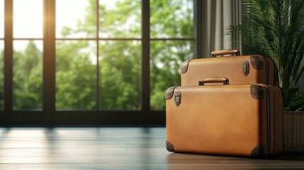 Two vintage suitcases placed on a wooden floor near expansive windows, set against a backdrop of lush green indoor plants, evoking a sense of travel and nostalgia.