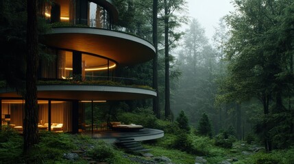 A multi-level, circular architectural wonder with expansive glass windows is nestled in a serene forest setting, perfectly blending modern elegance with nature's tranquility.