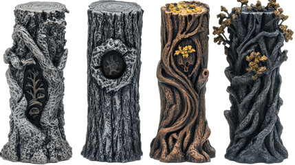 Poster - Carved Tree Trunks Collection Set With Intricate Details on Display Generative AI