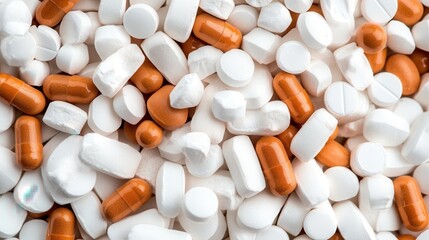 The image displays a collection of white and orange capsules and tablets, offering a view of assorted medications commonly found in pharmaceutical settings.