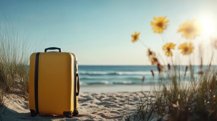 A vibrant yellow suitcase sits on sandy beach dunes overlooking a sparkling ocean and blue sky, capturing the essence of travel and freedom on a sunny day.