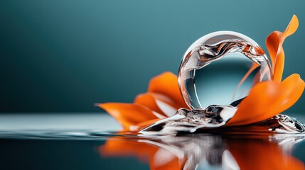 Poster - A reflective glass sphere perches on a vibrant orange leaf-like surface, capturing light against a deep teal backdrop, creating a striking visual contrast.
