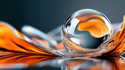 Poster - An abstract image featuring a swirling sphere hovering over a flowing orange liquid surface, capturing dynamic motion and vibrant contrasts in color and form.
