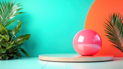 Aufkleber - A bright pink sphere rests on a raised circular platform with lush green plants and a vibrant teal and orange background, creating a dynamic visual composition.