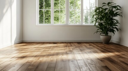 Poster - A serene, sunlit empty room showcasing a beautiful wooden floor and a lush green plant by a window, offering a minimalist and tranquil atmosphere. Light and shadows form natural patterns.