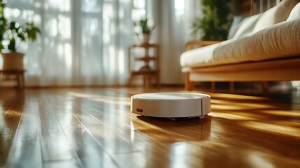 A sleek, circular robotic vacuum efficiently cleans a polished wooden floor in a brightly lit living room, highlighting a modern, convenient lifestyle and technology.