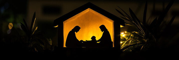 Copyspace of mary, Joseph beside manger, with  baby Jesus nestled inside, create poignant nativity scene. Capture Christmas, dark background, symbolize traditional icon of  birth of Jesus Christ.