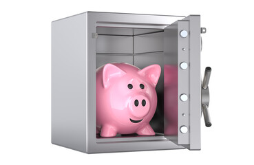 Poster - safe box with piggy bank inside, 3d rendering isolated on transparent background