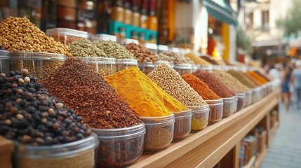 A vibrant spice market display,