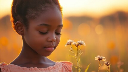 an African girl with a peaceful expression, holding a flower and looking down, with a softly blurred natural landscape in the background under warm light