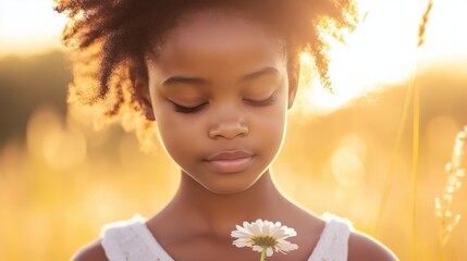 an African girl with a peaceful expression, holding a flower and looking down, with a softly blurred natural landscape in the background under warm light