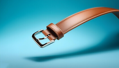 Leather watch strap floating or flying isolated on light blue background