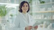 © alex - Portrait of a smiling female pharmacist in a white coat standing in a modern clinic, holding a tablet, consulting with a patient online