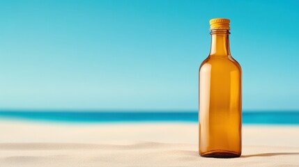 Poster - Amber glass bottle standing on sunlit sandy beach with clear blue sky and ocean backdrop, AI