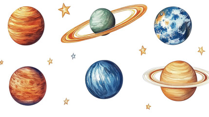 Poster - Colorful Watercolor Solar System Planets on Transparent Background Generative AI