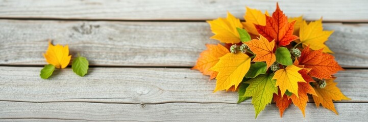 Sticker - Autumn background featuring vibrant colorful leaves scattered on rustic wooden surface, organic, rustic