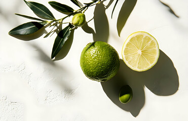 Wall Mural - Fresh lime and olive branch on a white background, with shadows.