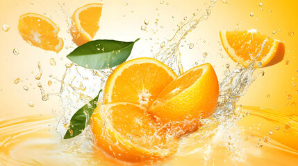 Fresh orange slices falling into a pool of water with splashing droplets and leaves.