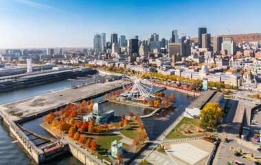 Wall Mural - aerial view of montreal old port in autumn