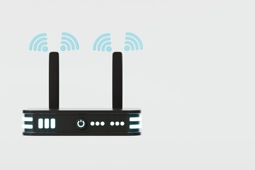 Poster - 3D Realistic Wireless Internet Router with antennas icon. Minimal Cartoon digital wireless modem hotspot on isolated white background Wi-Fi hotspot zone. Wireless Modem for 4G or 5G concept. 3D Render