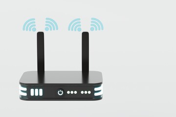 Poster - 3D Realistic Wireless Internet Router with antennas icon. Minimal Cartoon digital wireless modem hotspot on isolated white background Wi-Fi hotspot zone. Wireless Modem for 4G or 5G concept. 3D Render