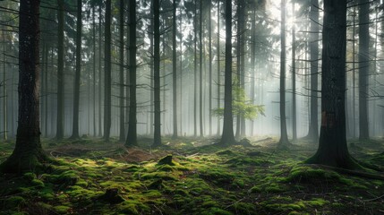  Early morning mist in Munich's Perlacher Forst forest with pine trees on mossy ground