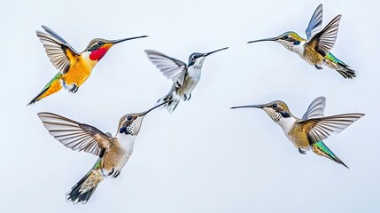 Poster - Colorful Hummingbirds Gracefully Flying in the Bright Morning Sky Generative AI
